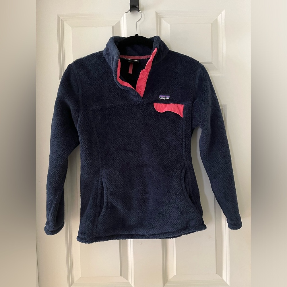 Patagonia Girls' Re-Tool Snap-T® Pullover, navy & pink fleece size XL 14